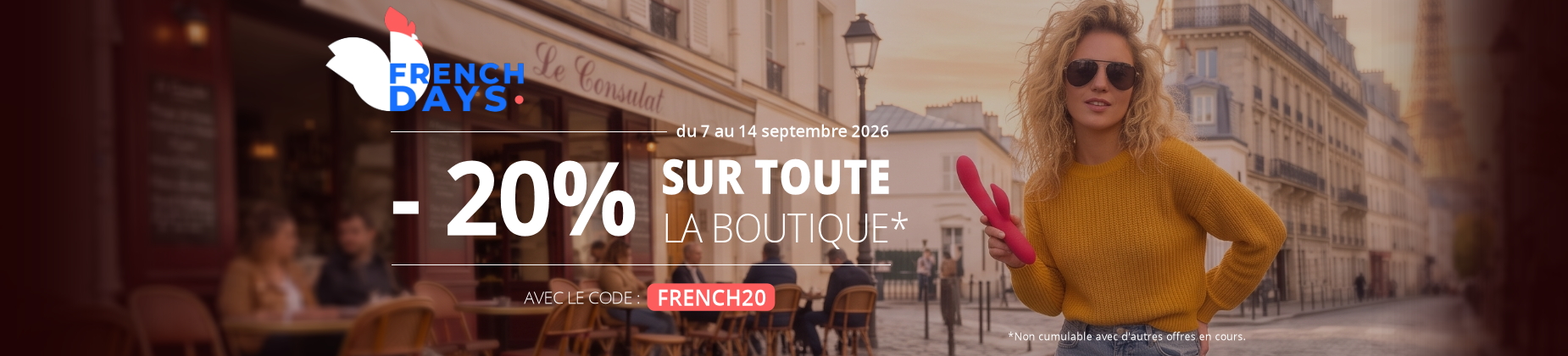 Bannière French Days avec réduction de -20 % sur tout le loveshop