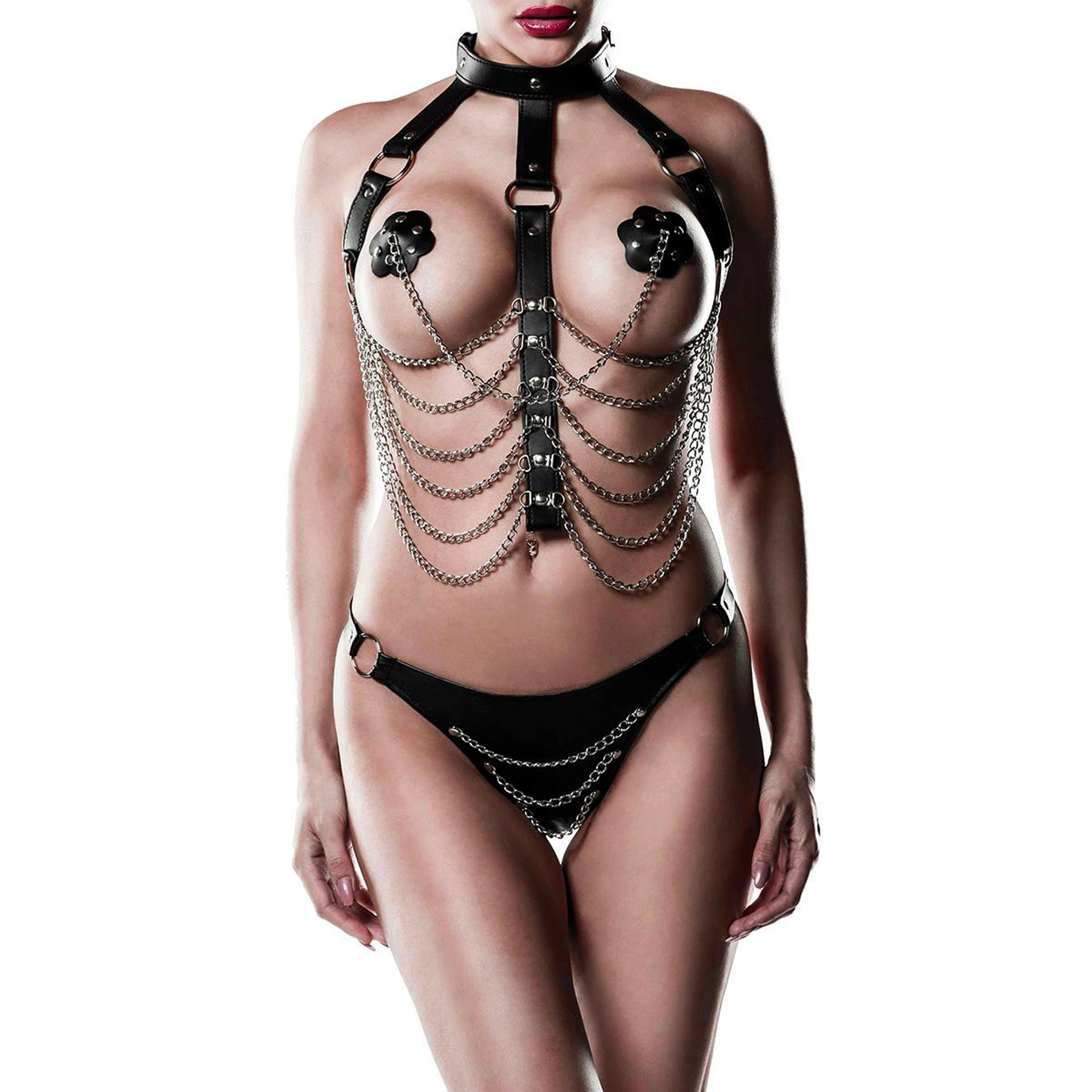 Top En Faux Cuir Chaînes Bondage Avec Pinces Et Bâillon BDSM